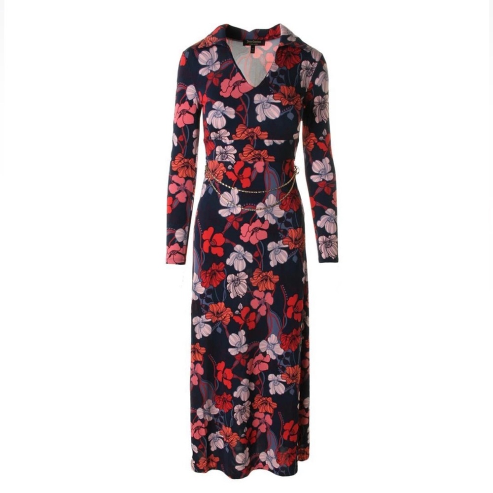 Juicy Couture Deco Floral Maxi Dress Sz S - Navy Blue & Pink w/Chain Belt NWT